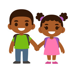 Obraz na płótnie Canvas Two cute cartoon Black children with school backpacks smiling and holding hands. 
