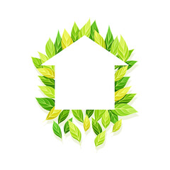 Fototapeta na wymiar House, up arrow symbol made of green leaves, logo, emblem, creative ecology sign design vector illustration