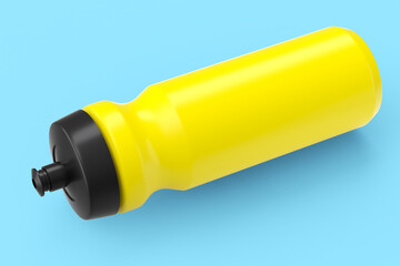 Yellow plastic sport shaker for protein drink isolated on blue background.