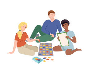 Family couple sitting on floor and playing board game. People having good time together at home cartoon vector illustration