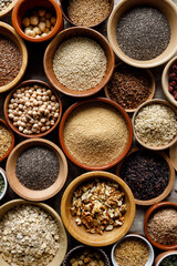 A healthy food mix of grains, groats and nuts, top view. Concept of healthy eating
