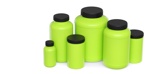 Set of green plastic jar for sport nutrition protein powder isolated on white