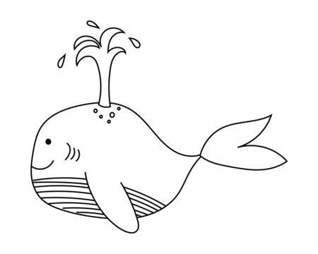 Cute whale hand-drawn in black outline, whale icon for logo, coloring pages. Vector illustration