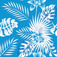 Fototapeta na wymiar sky blue background vector design fashionable with tropical seamless pattern palm leaves, monstera leaf and abstract flowers in monochromatic color style. Exotic tropics. Summer