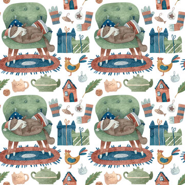 Watercolor hand painted seamless pattern with Christmas and New Year illustrations with with cute characters: a plump kitty, on a chair and elements: Christmas toys, gifts, cookies, lollipops