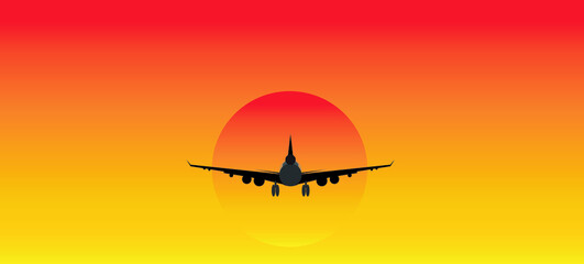 Fototapeta na wymiar llustration of airplane on sunset.Traveling by plane on vacation.Travel after quarantine from Covid-19 concept.