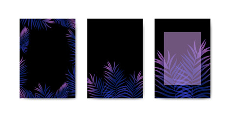 Blue-purple leaves of a palm tree on a black background. Vector templates for cards, invitations, brochures, flyers.