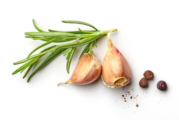 Garlic, rosemary and black pepper isolated on white, from above