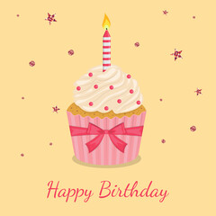 Happy birthday card with cupcake, candle and pink sparkles. Vector illustration.