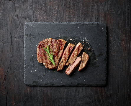 Grilled entrecote on stone board, from above