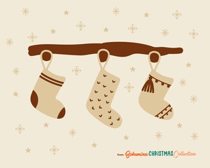 Boho Christmas stockings hanging on a shelf. Bohemian Christmas socks as a great symbol for Christmas cards, posters, stickers, wall art. Flat cartoon simple style. Scandinavian nordic rustic design.