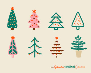 Christmas Trees in simple doodle style with Boho Christmas spirit. Vector clipart set