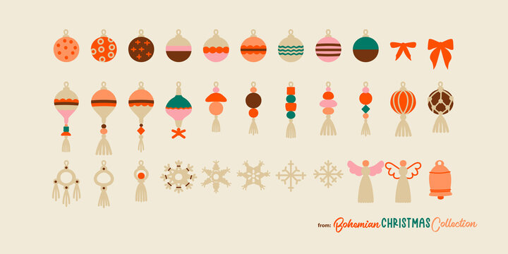 Christmas tree decorations set of Christmas ball, bows, snowflakes, angels and a bell. Cute clipart in vector cartoon design with vintage vibes.