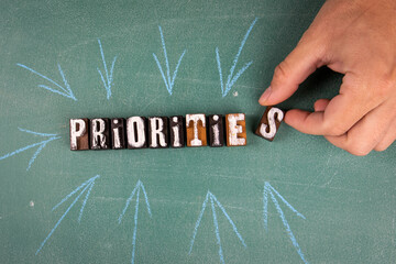 Priorities. Word from wooden letters and a man's hand on a green chalkboard