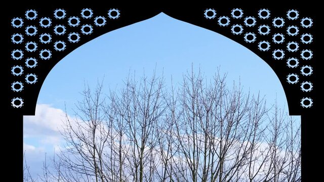black silhouette of an openwork architectural arch against sky, concept of true faith, religion, performing the religious rites of Islam