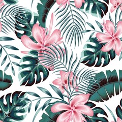 green monstera leaves monochromatic color and pink abstract flowers tropical seamless pattern plant foliage suitable for shirt cloth summer themed. Exotic tropics. wallpaper decor