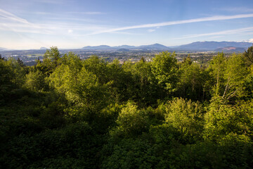 Skyline of Burlington and Mount Vernon in Washington. View from Little Mountain Park during Summer.