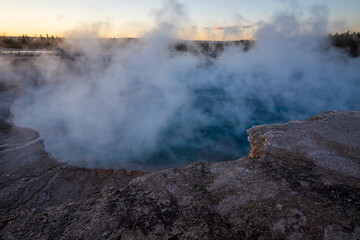 Midway Geyser Basin at sunset, Yellowstone National Park Wyoming. Golden hours.