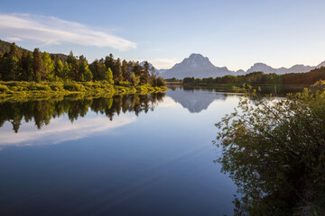 Beautiful evening sunset at Oxbow bend overview snake river, Grand Teton National Park during summer Wyoming.