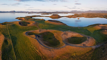 panorama of pseudo craters during sunset at lake myvatn