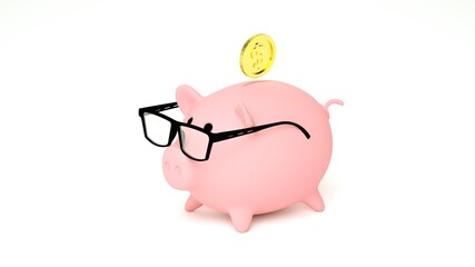 Piggy bank on white background. Saving Money Concept. Piggy Bank with black glasses and gold coin 3d illustration