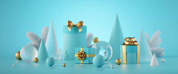 3d render, mint blue background with Christmas ornaments and gifts. Abstract winter holiday horizontal banner