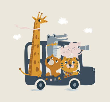 Cute london bus with animals in pastel colors. Lion cub, crocodile, jiraffe, bear illustration for newborn baby. Illustration with cute baby shower animal. Ideal for cards, poster, prints, anniversary