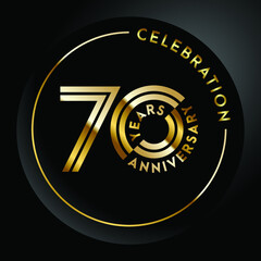 70th anniversary, anniversary celebration vector design with gold color on black geometric background and circle shape.