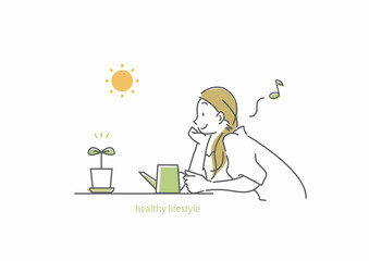 鼻歌を歌いながら笑顔で植物に水をやる女性　シンプルでお洒落な線画イラスト
