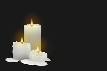 Obraz na płótnie Canvas Set of realistic burning white candles on a black background. 3d candles with melting wax, flame and halo of light. Vector illustration with mesh gradients. EPS10.