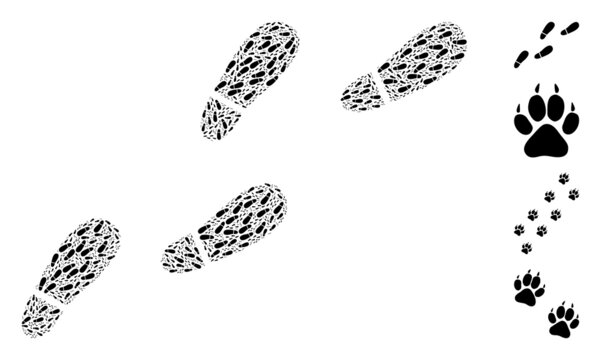 Vector human footprints trail mosaic is created from random recursive human footprints trail items. Recursive mosaic of human footprints trail.