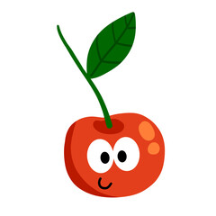 Cherry character. Cute mascot with face and eyes. Red berry with twig and leaf. Sweet, fresh food. Flat cartoon