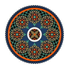 Vector mandala isolated on white background. Card with ornament in blue and orange colors. Oriental motif