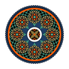 Vector mandala isolated on white background. Card with ornament in blue and orange colors. Oriental motif