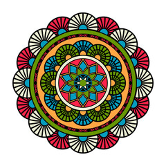 Vector mandala isolated on white background. Card with ornament in blue, red and white colors. Oriental pattern, vintage decorative element for design