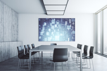 Abstract creative statistics data hologram on presentation monitor in a modern boardroom, analytics and forecasting concept. 3D Rendering