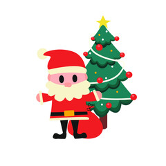 Santa Claus with gift bag in front of the christmas tree isolated on white background. Cartoon character from Vactor illustration.