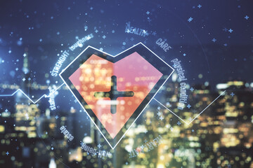 Abstract virtual heart pulse hologram on blurry skyscrapers background, online medical consulting concept. Multiexposure