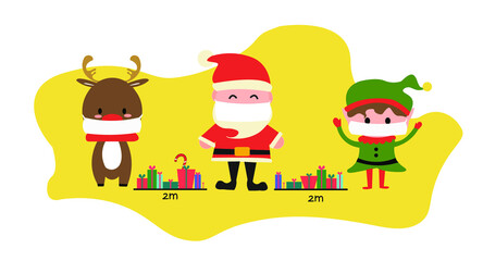 Obraz na płótnie Canvas COVID-19 and social distancing infographic. New Normal Santa Claus, reindeer and elf wearing a mask stand at a distance with the gift in the middle. Vector illustration. 