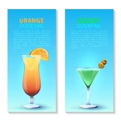 Banners with cocktails. Vector illustration of realistic glasses with orange and berry cocktails on a blue background.