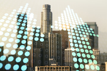 Double exposure of abstract virtual upward arrows hologram on Los Angeles city skyscrapers background. Ambition and challenge concept