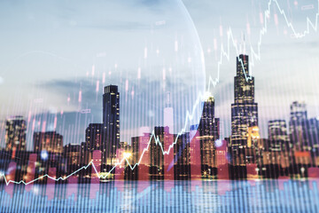 Abstract creative financial graph interface and world map on Chicago skyline background, forex and investment concept. Multiexposure