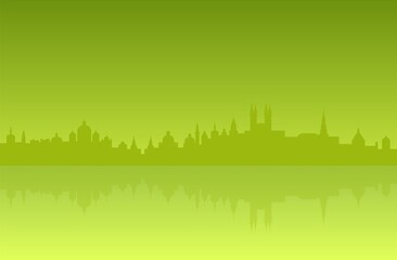 Background for a presentation on ecology. The outline of an ancient city. Vector illustration of the contour of an old eco-friendly city in green tones with reflection in clear and clean water.