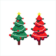 Green and Red Christmas tree with star, balls and light bulb chain isolated on white background. Vector illustration.