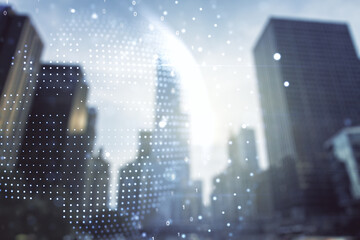 Multi exposure of abstract graphic world map on modern architecture background, big data and networking concept