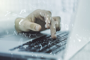 Creative scientific formula illustration with hands typing on computer keyboard on background, science and research concept. Multiexposure