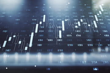 Double exposure of abstract virtual statistics data hologram on modern business center exterior background, statistics and analytics concept