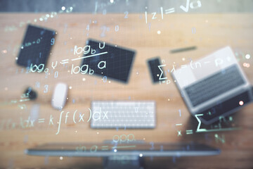 Creative scientific formula illustration on modern computer background, science and research...