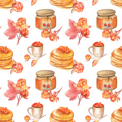 Colorful seamless pattern with cloudberries, jam jars and pancakes. Watercolor hand drawn elements on white isolated background. Cozy design with gentle northern berries.