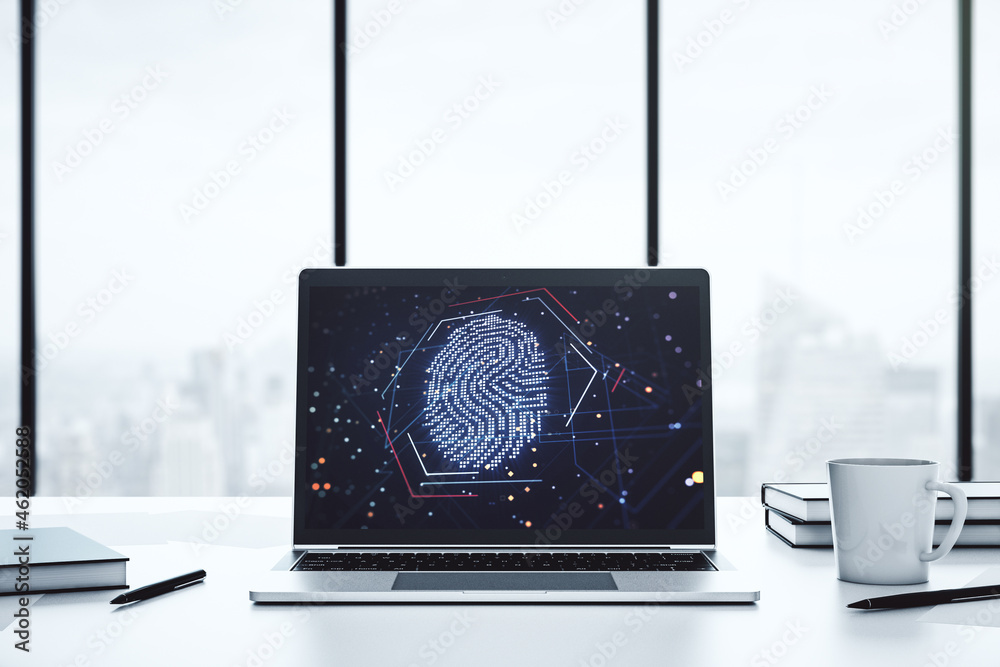 Poster Abstract creative fingerprint concept on modern laptop screen. 3D Rendering